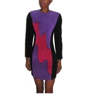 Outerwear by Phoenix Black Colorblock Suede Rib Bodycon Vintage Mini Dress Sz M